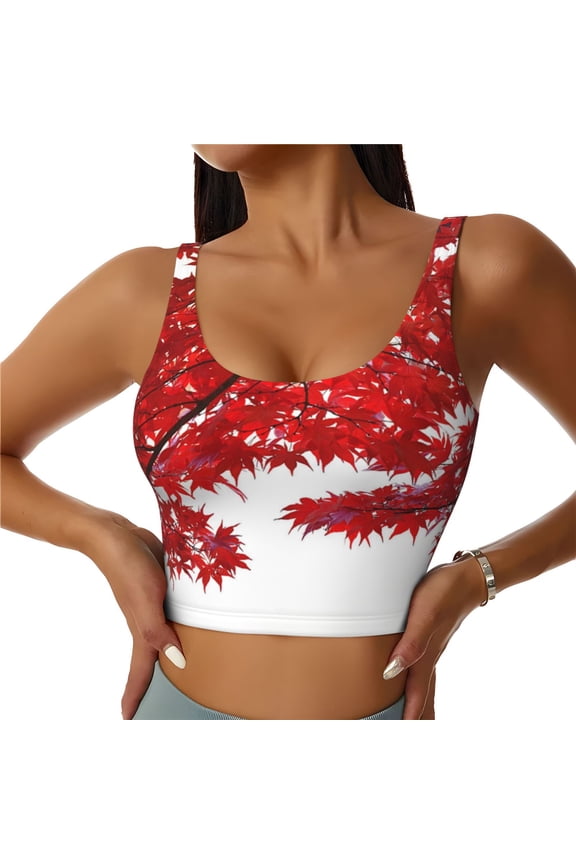 Red Maple Leaf Print Womens' Sports Bras Scoop Neck Sports Vest- Padded U Back Seamless High Impact Support-Large