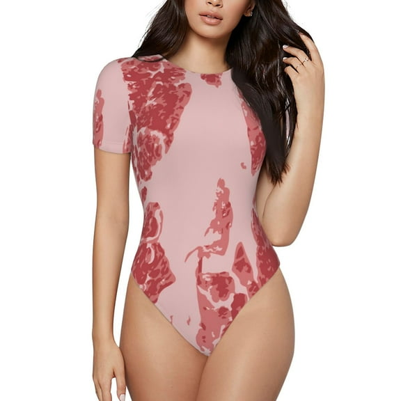 Rateoe Red Meat Printed Women Rash Guard Short Sleeve,Tummy control Swimsuit Surfing Swimsuit Bathing Suit Short-sleeved Onesie UPF 50+ -Large