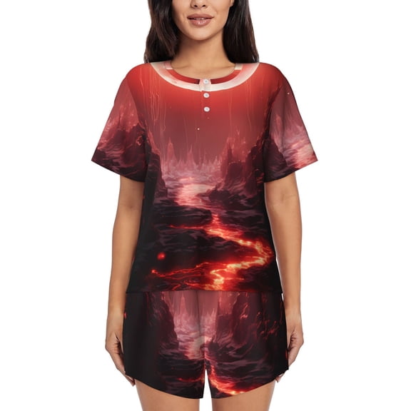 Rateoe Red Moon Lava for 2 Piece Short Sleeves Pajama Sets Casual Lounge Sleepwear Ladies Pjs Sets with Pocket-4X-Large
