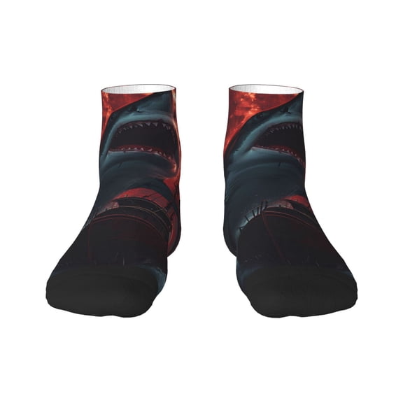Rateoe Red Moon Shark Sailboat Pattern Quarter Crew Socks,Toe Seamed Ankle Socks,Cotton Cushioned Breathable Athletic Crew Sports Socks
