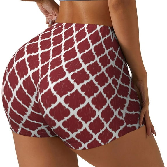 Rateoe Red Moroccan Printed Power Workout Shorts for Women Tummy Control Squat Proof Ribbed Thick Seamless Scrunch Active Short-Large
