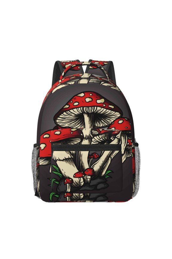 Red Mushrooms Pattern Durable Student Backpack Laptop Bag- Ergonomic Design, Waterproof Twill Fabric - Ideal for School, Travel, and Outdoor Activities