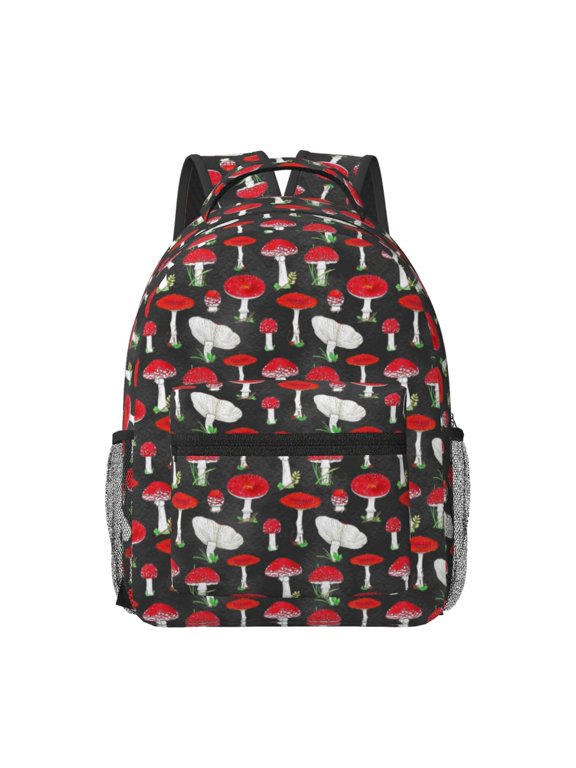Red Mushrooms Pattern Durable Student Backpack Laptop Bag- Ergonomic Design, Waterproof Twill Fabric - Ideal for School, Travel, and Outdoor Activities