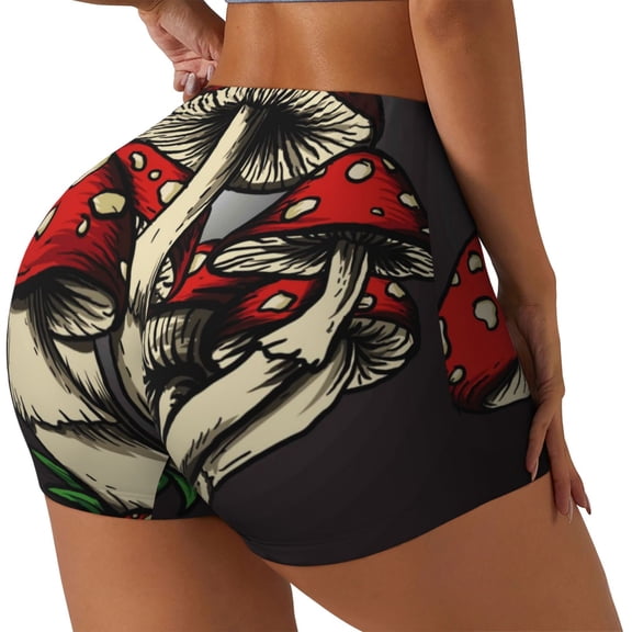 Rateoe Red Mushrooms Printed Power Workout Shorts for Women Tummy Control Squat Proof Ribbed Thick Seamless Scrunch Active Short-Large