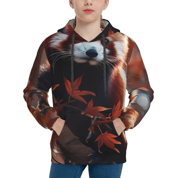 Rateoe Red Panda Autumn Branches Pattern Boys Hoodie, Youth Pullover Hooded Sweatshirt, Kangaroo Pocket Hoodie for Kids-Medium