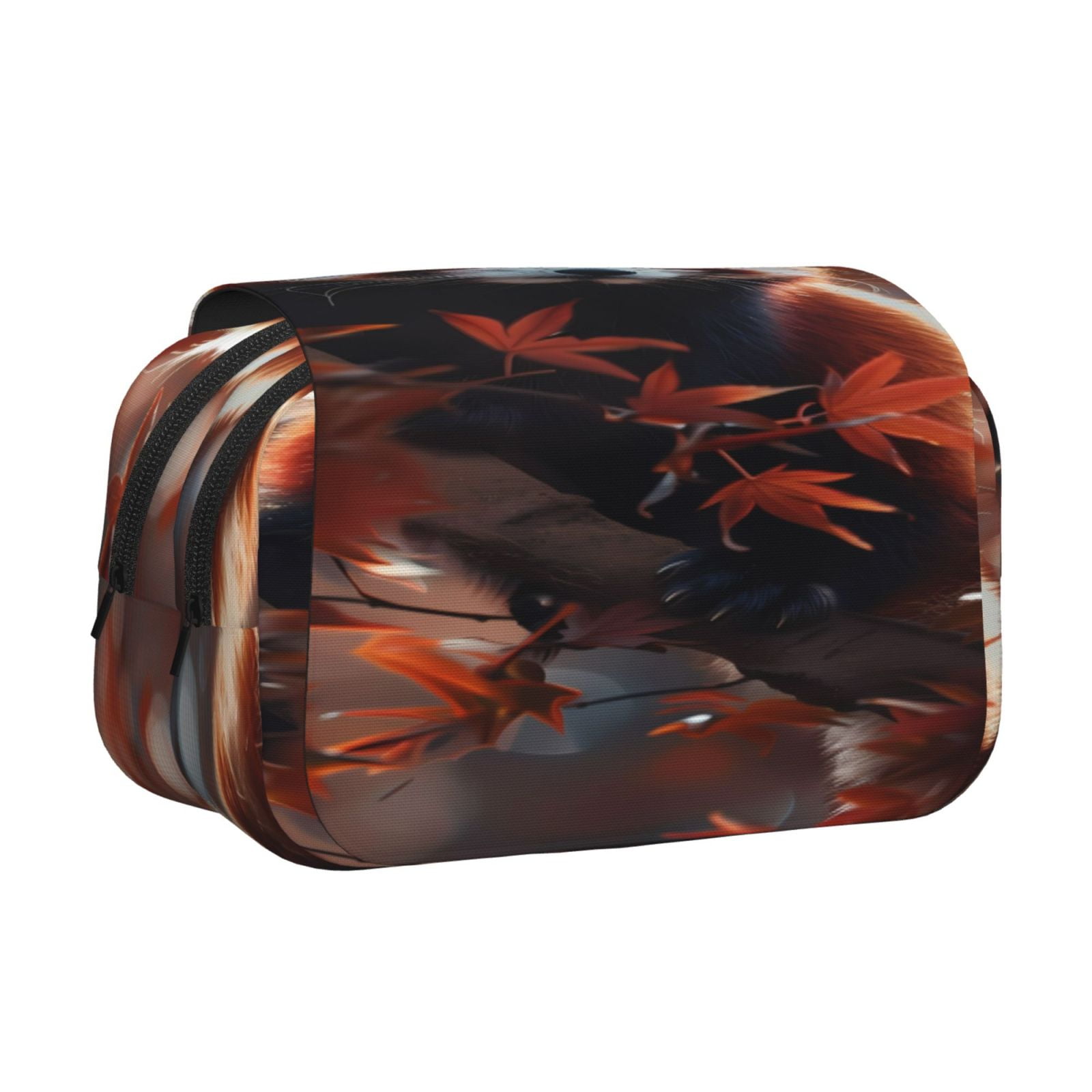 Rateoe Red Panda Autumn Branches Pattern Double Clamshell Pen Case, Storage Organizer with Two Zipper Compartments– Holds Up to 50 Pencils & Pens