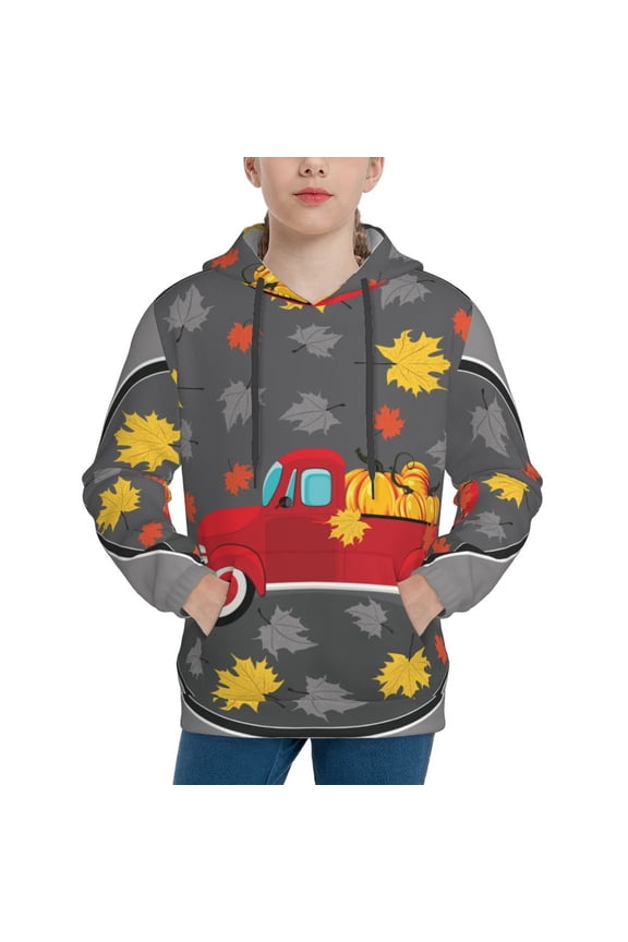 Red Pickup Truck With Pumpkins Pattern Boys Hoodie, Youth Pullover Hooded Sweatshirt, Kangaroo Pocket Hoodie for Kids-Small