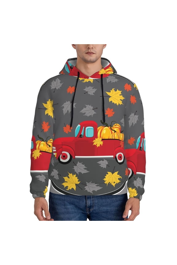 Red Pickup Truck With Pumpkins Pattern Mens Hoodie, Pullover Hooded Sweatshirt, Kangaroo Pocket Hoodie Ideal for Daily Wear, Travel and Home-Small