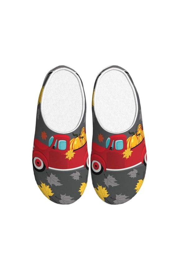 Red Pickup Truck With Pumpkins Print Women's Men's Cotton Knit Slippers Lightweight Memory Foam Indoor House Shoes with Anti-Skid Sole-37/38