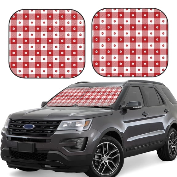 Rateoe Red Plaid Daisy Pattern 2 Piece Car Windshield Sun Shade Foldable | Front Windshield Shade for Sun, Heat and UV Rays | Sunshade for Car Front Window-Small