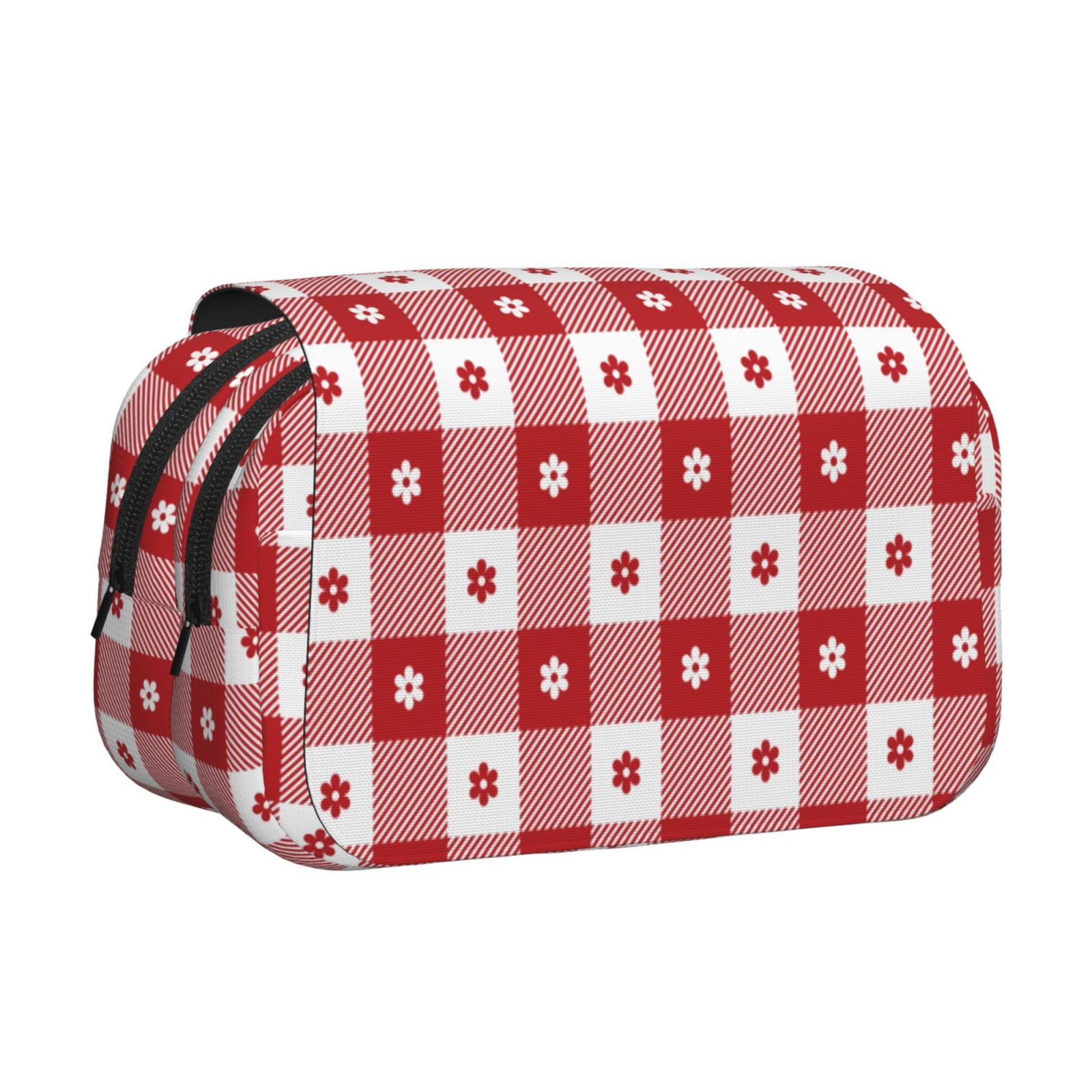 Rateoe Red Plaid Daisy Pattern Double Clamshell Pen Case, Storage Organizer with Two Zipper Compartments– Holds Up to 50 Pencils & Pens
