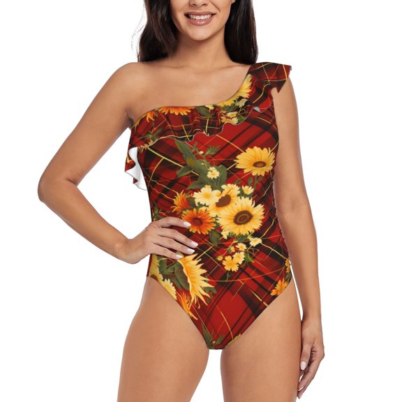 Rateoe Red Plaid Sunflower Pattern Women One Piece Swimsuits Tummy Control One Shoulder Bathing Suits Ruffle Swimwear-