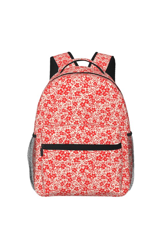 Red Pretty Flowers Pattern Casual Backpack for School, Work, Travel Adjustable Straps, Multiple Compartments Ergonomic Design, Fits Laptops and Tablets