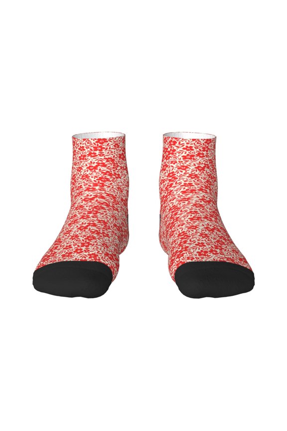 Red Pretty Flowers Pattern Quarter Crew Socks,Toe Seamed Ankle Socks,Cotton Cushioned Breathable Athletic Crew Sports Socks