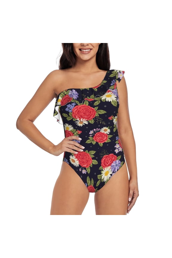 Red Rose Flower Pattern Women One Piece Swimsuits Tummy Control One Shoulder Bathing Suits Ruffle Swimwear-Medium