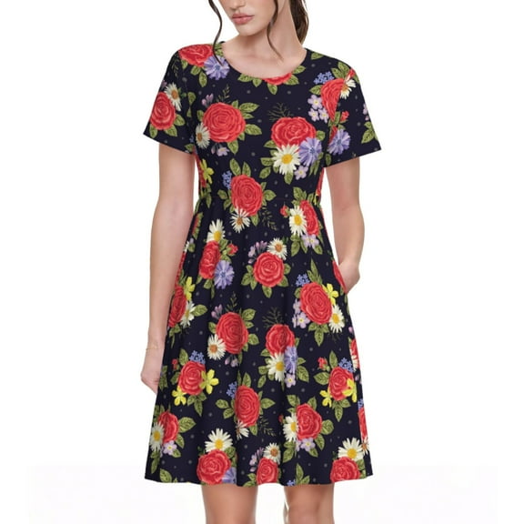 Rateoe Red Rose Flower Pattern Women’s Short Sleeve Dress – Casual Elegant Summer A-Line Dress for Everyday Wear