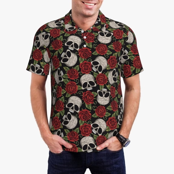 Rateoe Red Rose Skull Pattern Men's Short Sleeve Polo Shirts, Golf Polo Shirts Short Sleeve Performance Moisture Wicking Dry-3X-Large