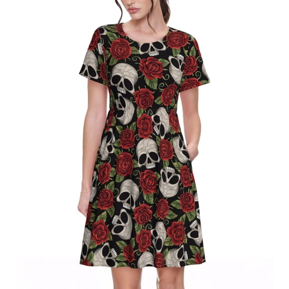Rateoe Red Rose Skull Pattern Women’s Short Sleeve Dress – Casual Elegant Summer A-Line Dress for Everyday Wear