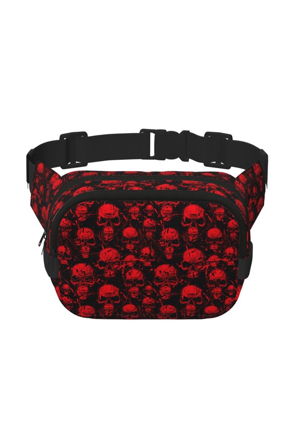 Red Skulls Print Fanny Pack Belt Bag for Women and Men, Square Double-Layer Waterproof Waist Pack with Adjustable Strap for Hiking, Jogging, Cycling