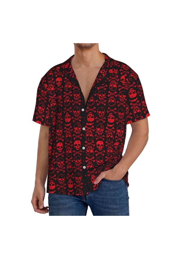 Red Skulls With Crossbones Pattern Men's Short Sleeve Classic Shirt, Casual Short-Sleeved Shirt, Lightweight Summer Shirt, Cuban Collar Shirt,Button-Front Shirt-3X-Large