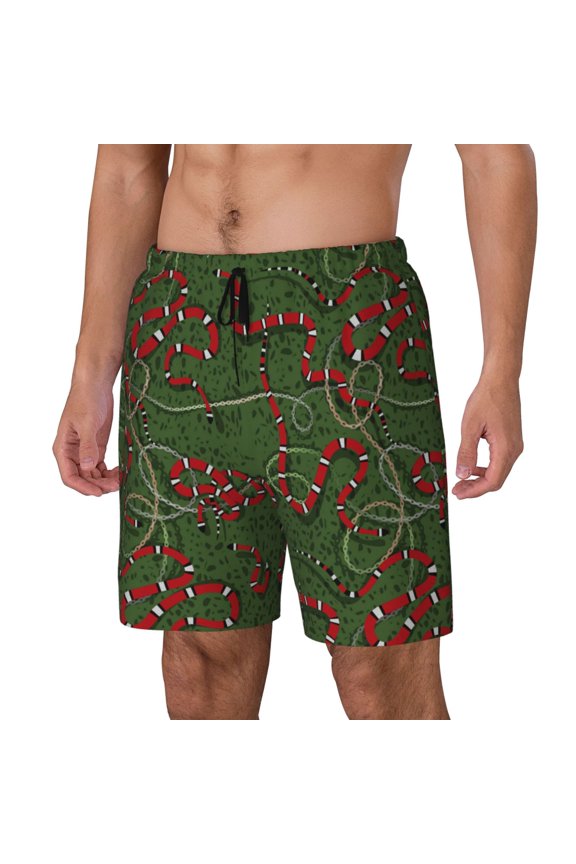 Red Snake Pattern Men’s Swim Shorts with Compression Liner – Double-Layered Quick-Dry Swimwear, Comfortable & Stretchy Beach Shorts-Medium