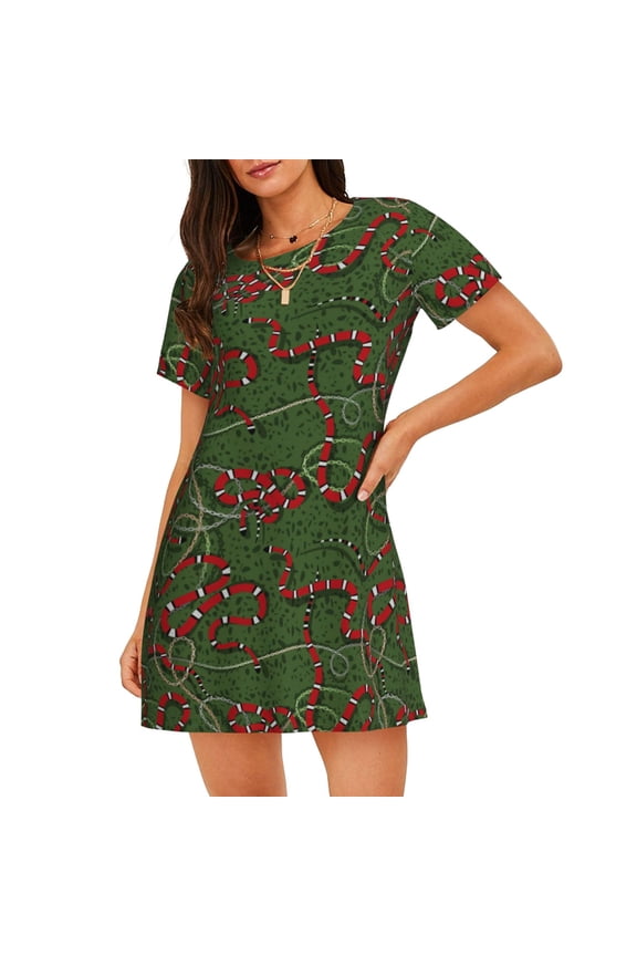 Red Snake Print Women’s Nightdress – Cozy Cotton Short-sleeved Sleep Shirt, Loose-Fit Sleepwear, Perfect for Relaxing and Sleeping