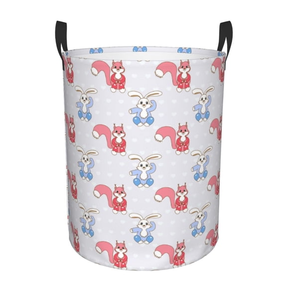 Rateoe Red Squirrel And Blue Rabbit Pattern Round Laundry Hamper Basket, Tall Hamper Basket for Blanket Storage, Nursery Clothes Hamper for Laundry in Bedroom and College Dorm-Small
