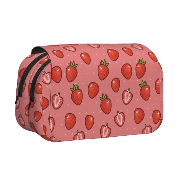 Rateoe Red Strawberry Pattern Double Clamshell Pen Case, Storage Organizer with Two Zipper Compartments– Holds Up to 50 Pencils & Pens