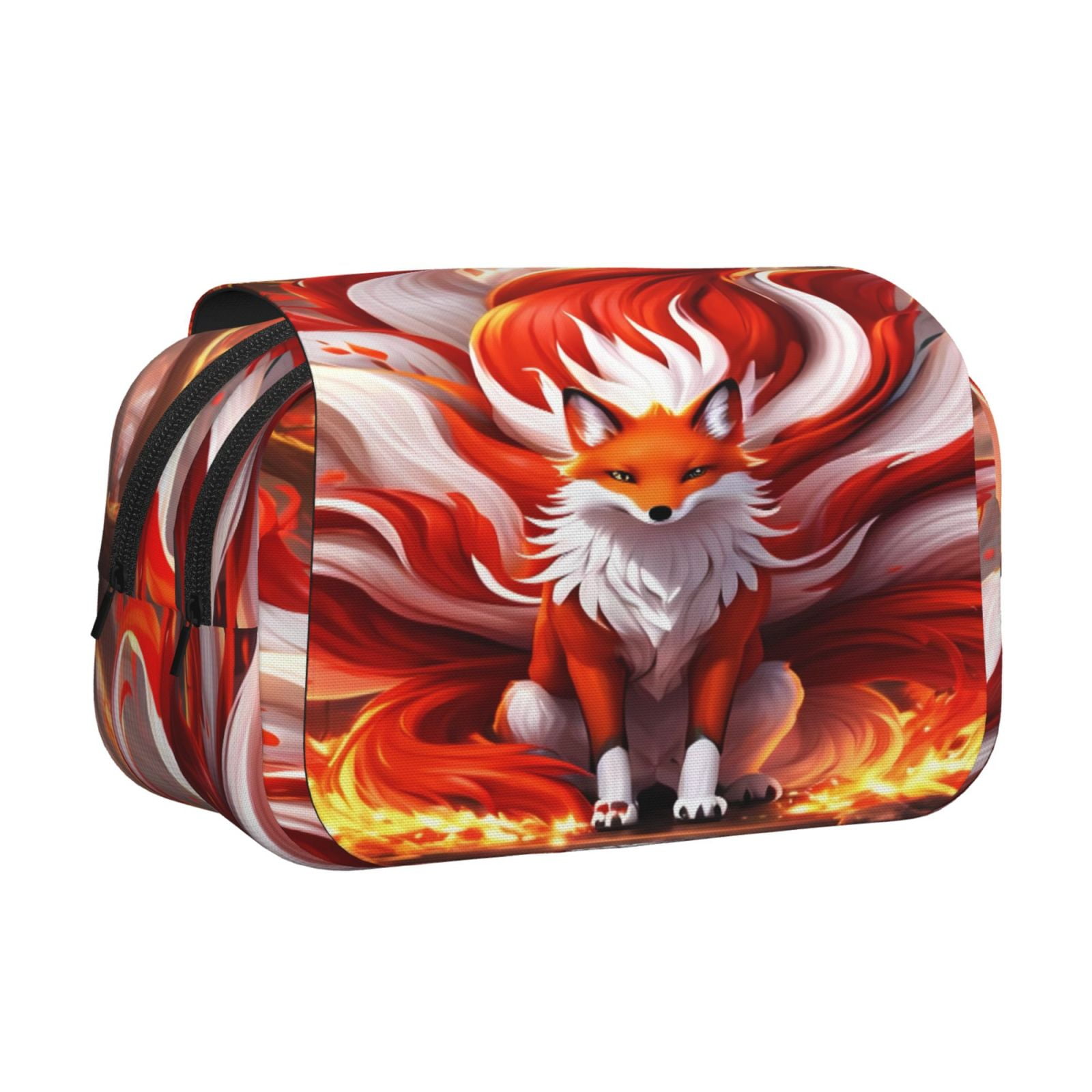 Rateoe Red Sun Flame Fox Pattern Double Clamshell Pen Case, Storage Organizer with Two Zipper Compartments– Holds Up to 50 Pencils & Pens
