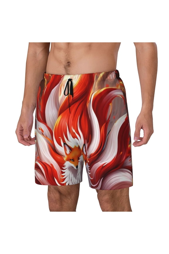 Red Sun Flame Fox Pattern Men’s Swim Shorts with Compression Liner – Double-Layered Quick-Dry Swimwear, Comfortable & Stretchy Beach Shorts-Small