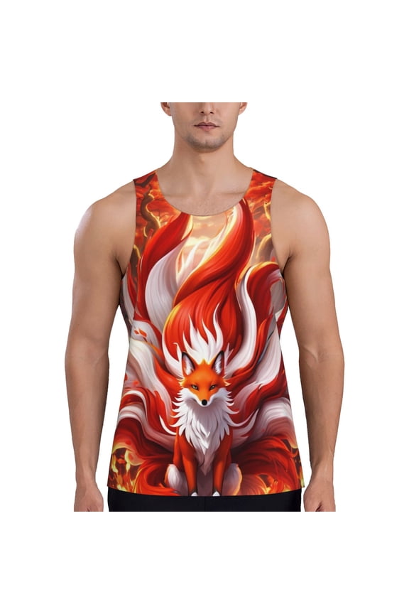 Red Sun Flame Fox Pattern Sleeveless Gym Shirt Muscle Tee Breathable Workout Shirt Slim-Fit Tank Quick Dry Fit Muscle Tank Top Bodybuilding Sleeveless T Shirt-