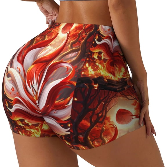 Rateoe Red Sun Flame Fox Printed Power Workout Shorts for Women Tummy Control Squat Proof Ribbed Thick Seamless Scrunch Active Short-Medium