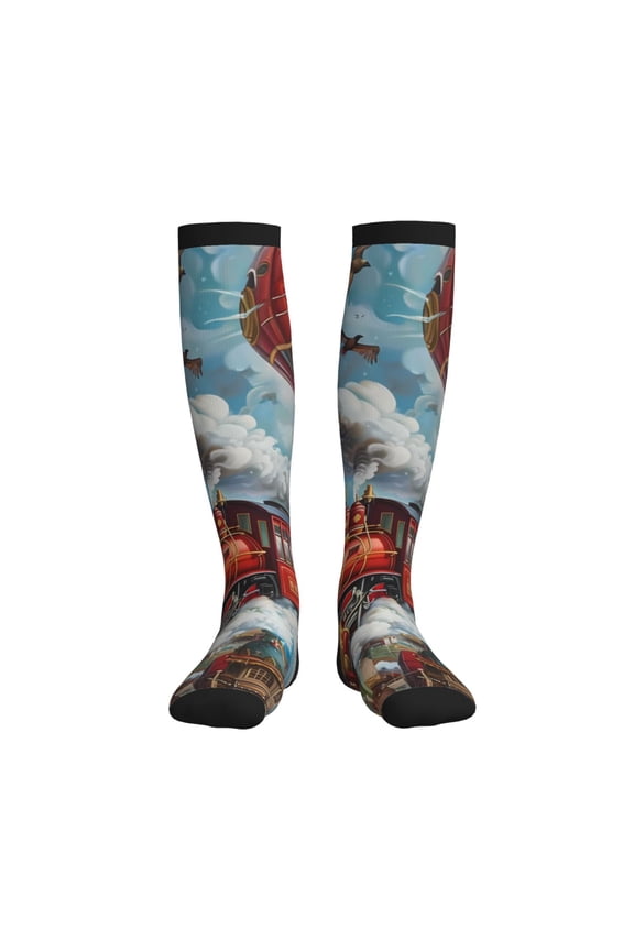 Red Train Hot Air Balloon Compression Socks for Women and Men 20-30mmHg-Circulation Support Socks Knee High Nurse Pregnant Running Medical and Travel Athletic