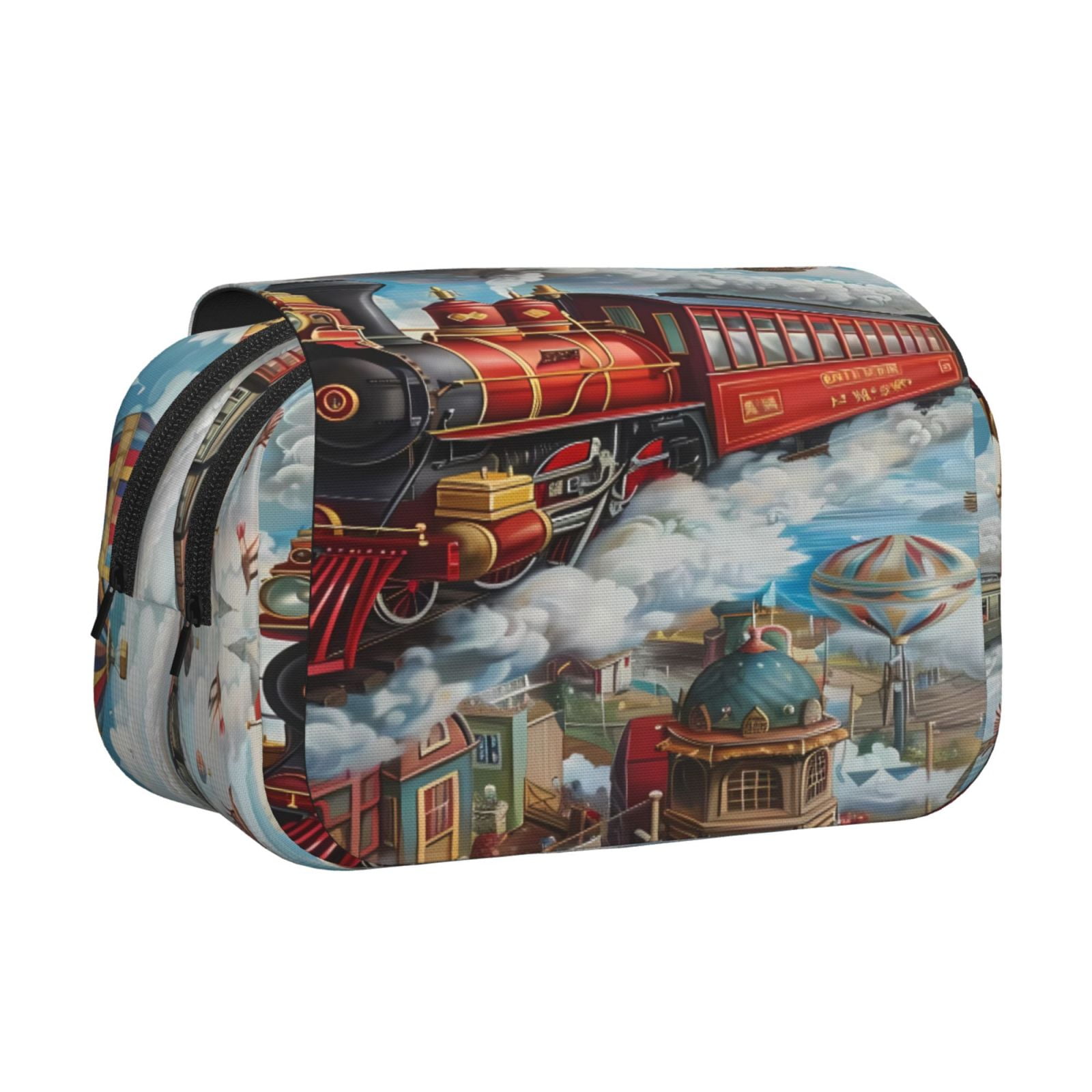 Rateoe Red Train Hot Air Balloon Pattern Double Clamshell Pen Case, Storage Organizer with Two Zipper Compartments– Holds Up to 50 Pencils & Pens