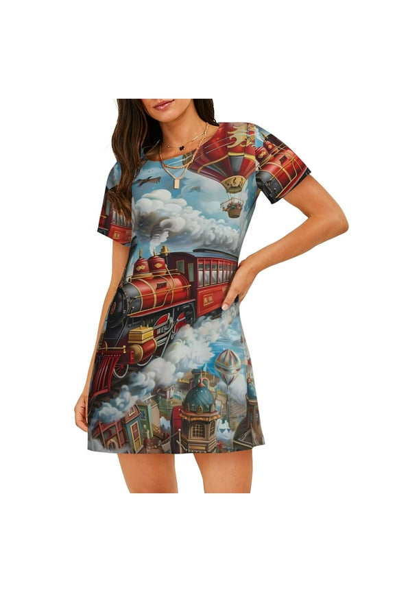 Red Train Hot Air Balloon Print Women’s Nightdress – Cozy Cotton Short-sleeved Sleep Shirt, Loose-Fit Sleepwear, Perfect for Relaxing and Sleeping