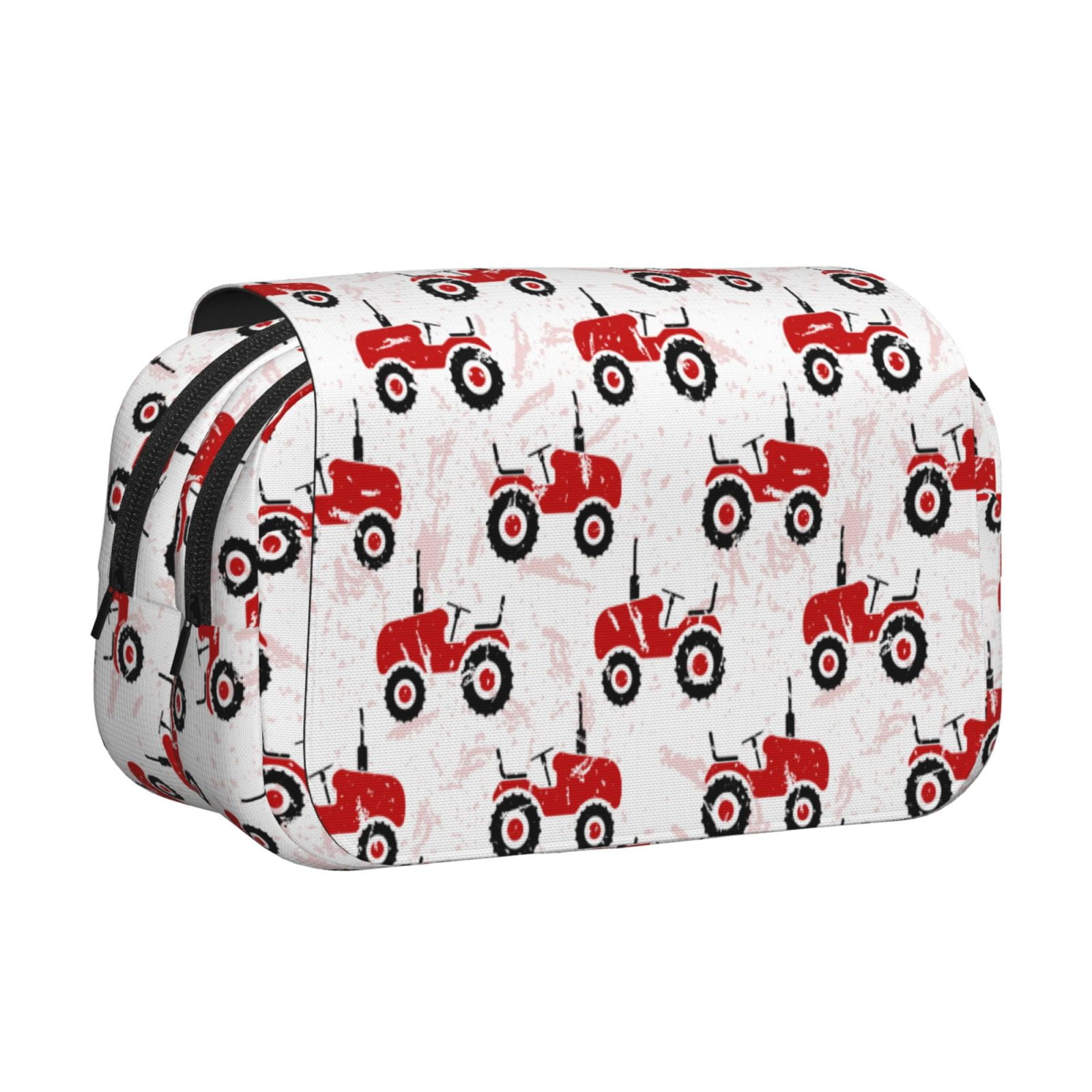 Rateoe Red Wheeled Tractors Pattern Double Clamshell Pen Case, Storage Organizer with Two Zipper Compartments– Holds Up to 50 Pencils & Pens