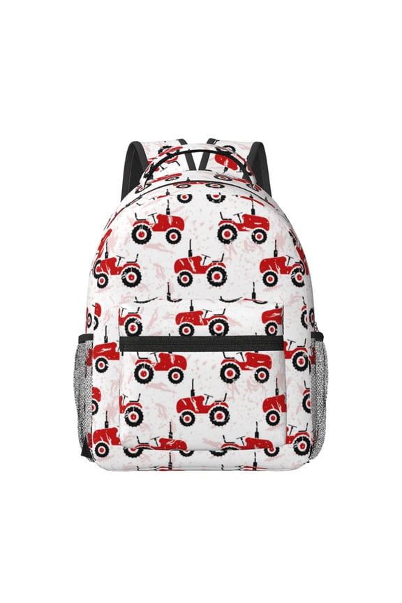 Red Wheeled Tractors Pattern Durable Student Backpack Laptop Bag- Ergonomic Design, Waterproof Twill Fabric - Ideal for School, Travel, and Outdoor Activities