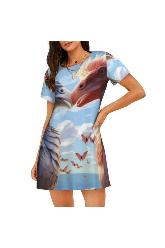 Red And White Bird Couple Print Women’s Nightdress – Cozy Cotton Short-sleeved Sleep Shirt, Loose-Fit Sleepwear, Perfect for Relaxing and Sleeping