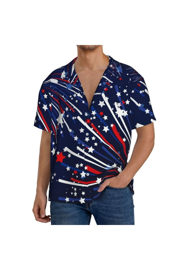 Red White Blue Fireworks 1 Pattern Men's Short Sleeve Classic Shirt, Casual Short-Sleeved Shirt, Lightweight Summer Shirt, Cuban Collar Shirt,Button-Front Shirt-X-Large