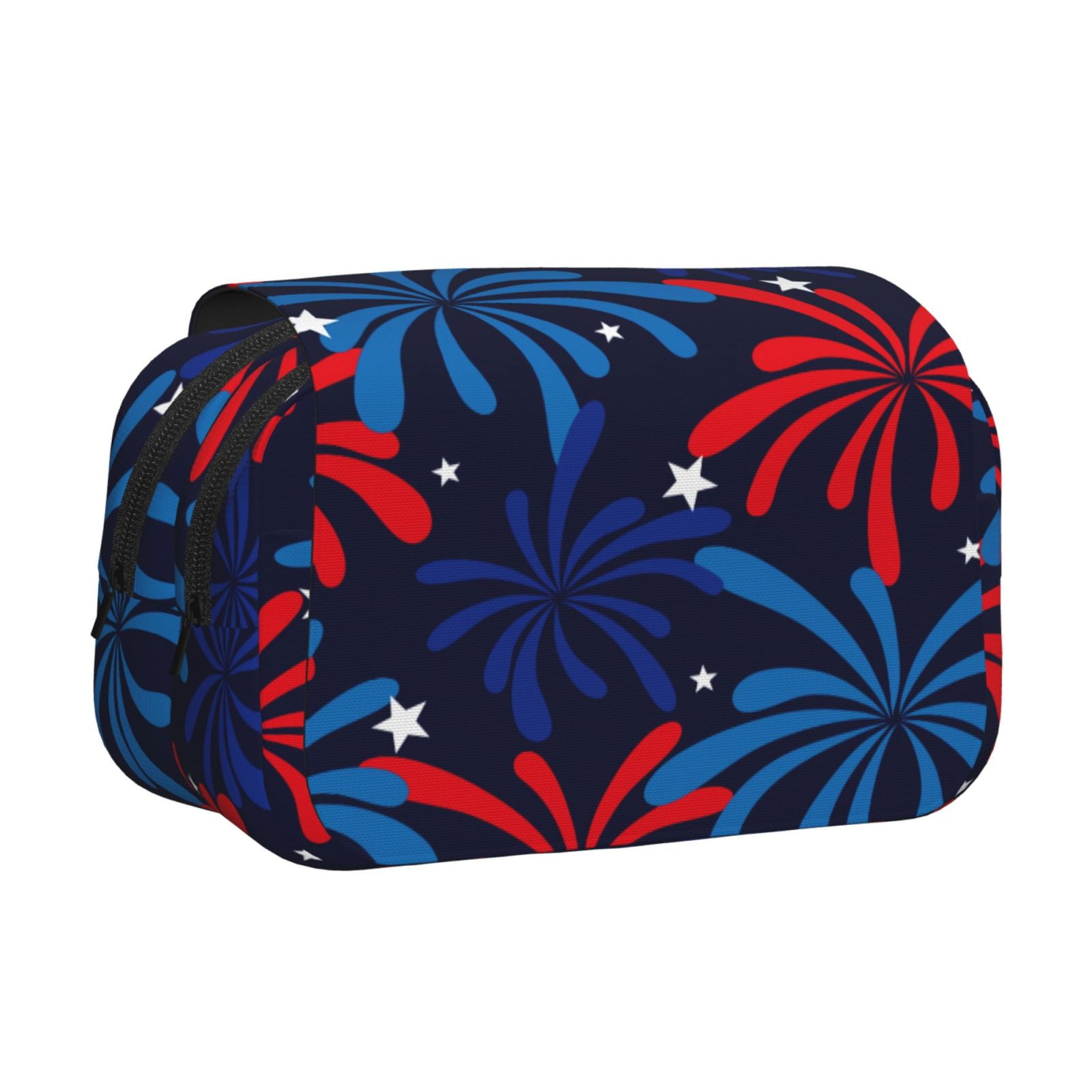 Rateoe Red White Blue Fireworks Pattern Double Clamshell Pen Case, Storage Organizer with Two Zipper Compartments– Holds Up to 50 Pencils & Pens