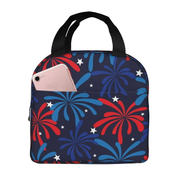 Rateoe Red White Blue Fireworks Pattern Insulated Lunch Bag with Thick Aluminum Foil Lunch Tote Bag with Front Pocket for Men and Women, Ideal for Work, School, Picnics, and Travel
