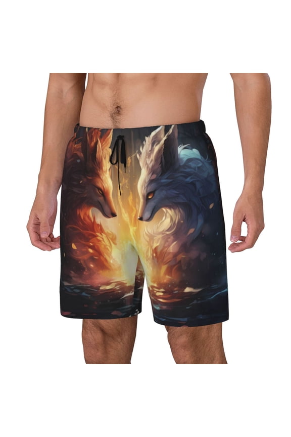 Red And White Flame Fox Pattern Men’s Swim Shorts with Compression Liner – Double-Layered Quick-Dry Swimwear, Comfortable & Stretchy Beach Shorts-X-Large