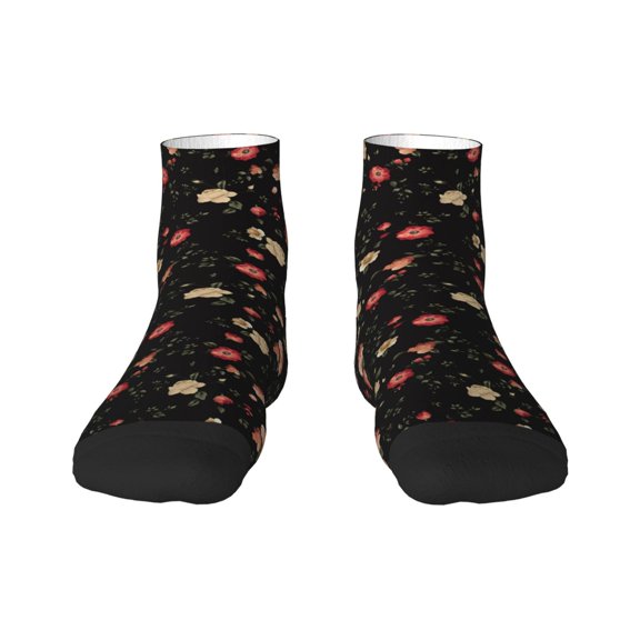 Rateoe Red White Flowers Pattern Quarter Crew Socks,Toe Seamed Ankle Socks,Cotton Cushioned Breathable Athletic Crew Sports Socks