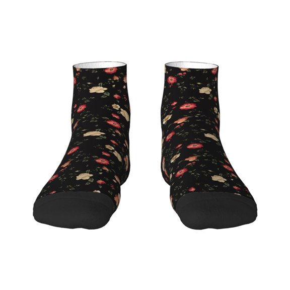 Rateoe Red White Flowers Pattern Quarter Crew Socks,Toe Seamed Ankle Socks,Cotton Cushioned Breathable Athletic Crew Sports Socks