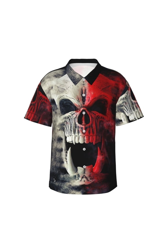 Red And White Screaming Demon Skull Pattern Men’s Hawaiian Shirt – Short Sleeve Button-Down Tropical Beach Shirt, Lightweight & Breathable Casual Aloha Shirt with Pocket,Large