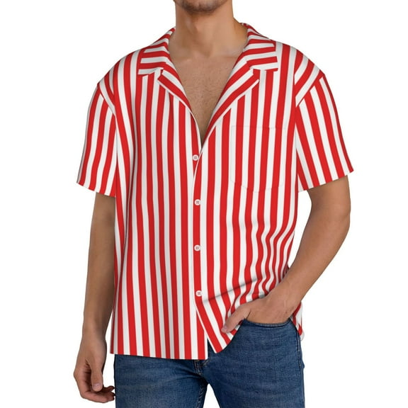 Rateoe Red And White Stripes Pattern Men's Short Sleeve Classic Shirt, Casual Short-Sleeved Shirt, Lightweight Summer Shirt, Cuban Collar Shirt,Button-Front Shirt-3X-Large