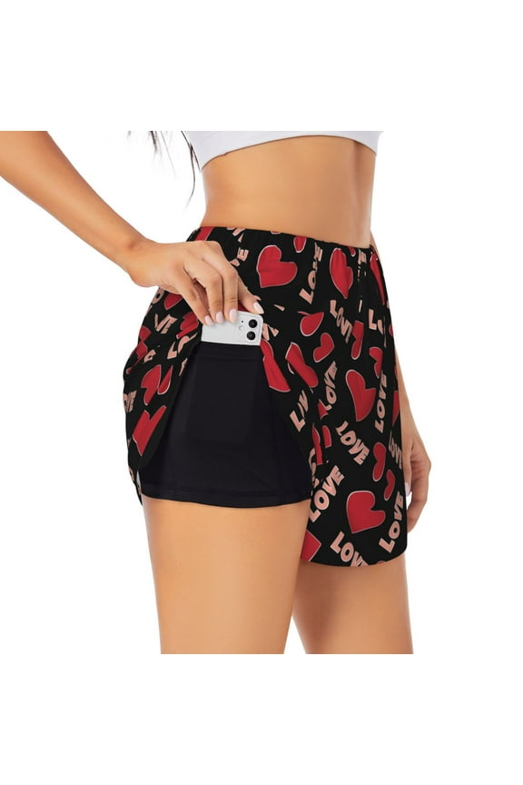 Red heart and love Printed 2 in 1 Women's Workout Shorts for Athletic Gym Running Shorts with Phone Pockets-Small