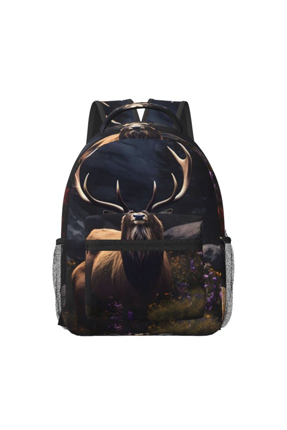 Regal Stag In Forest Pattern Durable Student Backpack Laptop Bag- Ergonomic Design, Waterproof Twill Fabric - Ideal for School, Travel, and Outdoor Activities-One Size