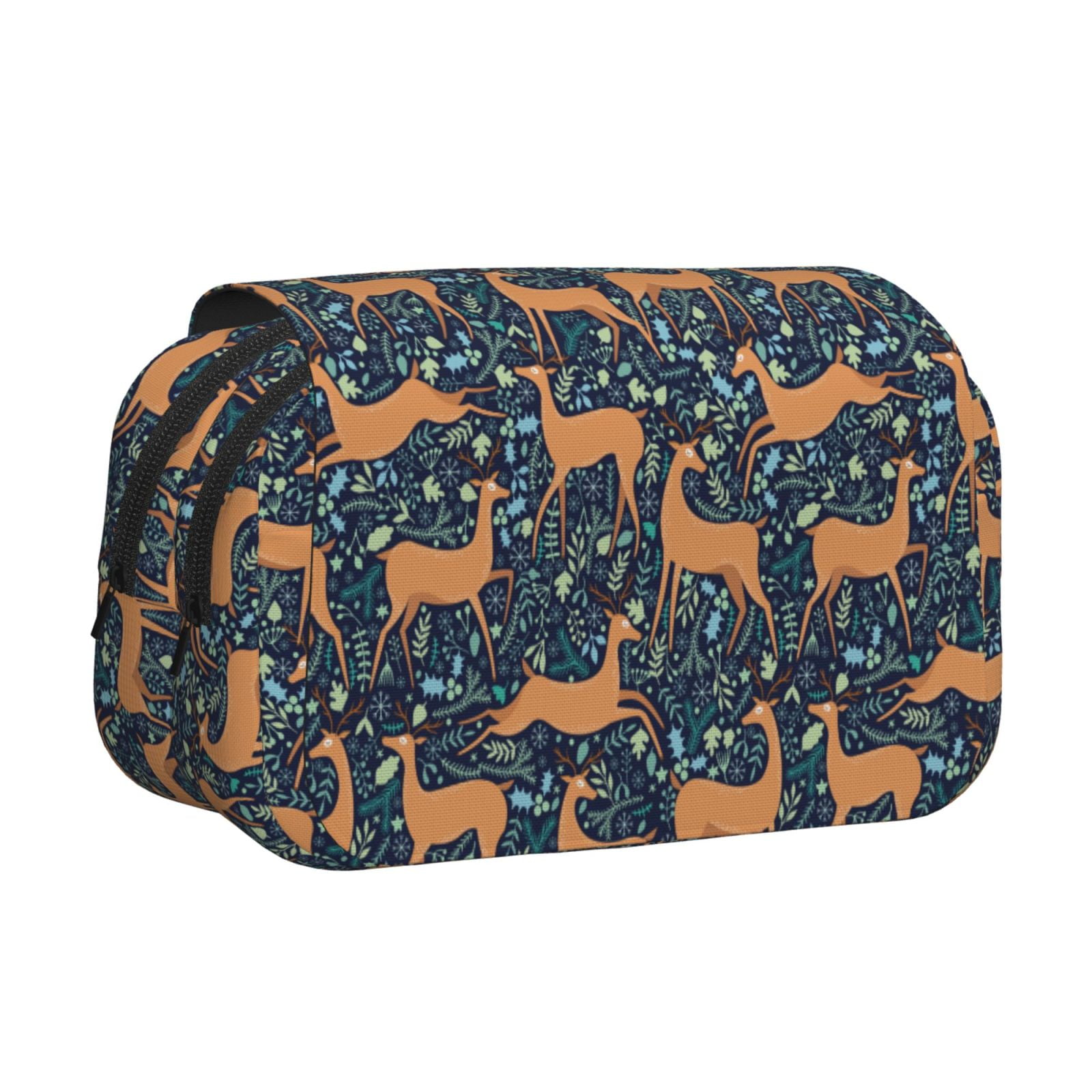 Rateoe Reindeer Pattern Double Clamshell Pen Case, Storage Organizer with Two Zipper Compartments– Holds Up to 50 Pencils & Pens