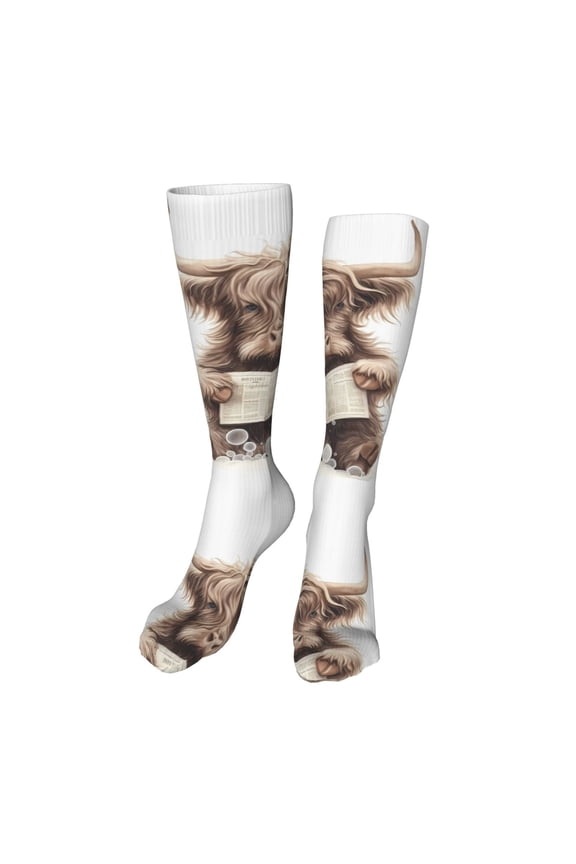 Relaxed Cute Cow Reading print Women's Men's Novelty 20in Crew Socks Cotton Socks Knee High Socks for Walking,Running,Nurses,Pregnancy-One Size